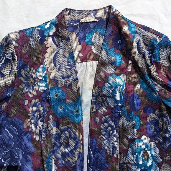 Vintage Tan Jay Floral Silky Open Front Cardigan with Shoulder Pads Woman 14 - Picture 5 of 10